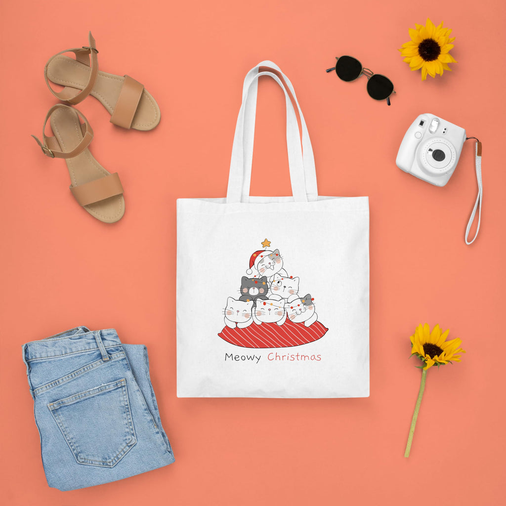Happu-White Cotton Canvas Tote Bag with Zip | Happy Christmas Festive Print | Reusable, Washable & Eco-Friendly Multi-Purpose Tote for Women & Girls HPK-3438