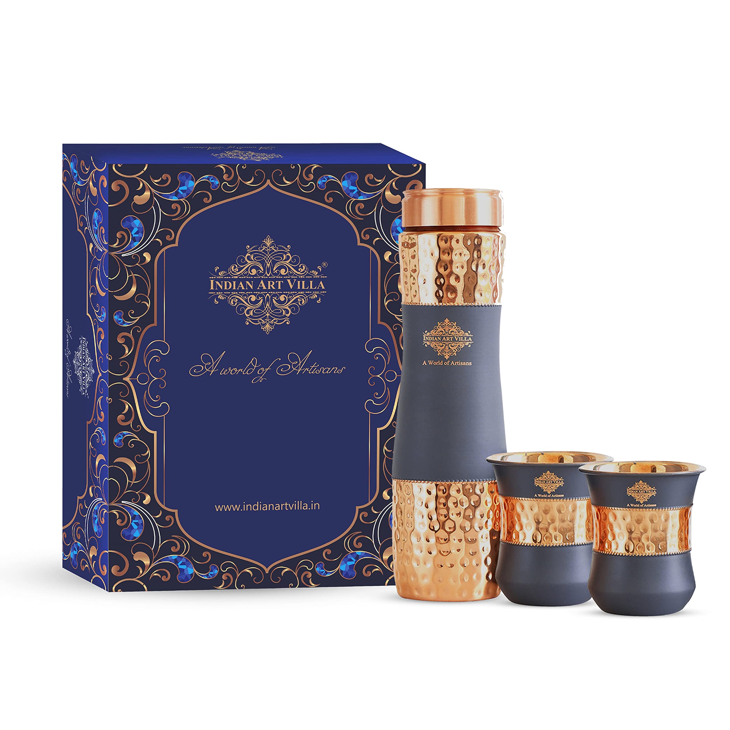 Indian Art Villa Copper Drinkware in Grey Silk Finish, Set of 2 Glass and 1 Bottle, Volume - Glass 300 ML, Bottle 1000 ML