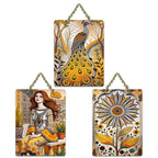 Artvibes Beautiful Girl With Peacocks & Flowers Decorative Wall Art MDF Wooden Wall Hanger for Living Room | Door Decoration Items | Artwork | Wall Poster | Unique Gift Items (WH_9693N), Set of 3
