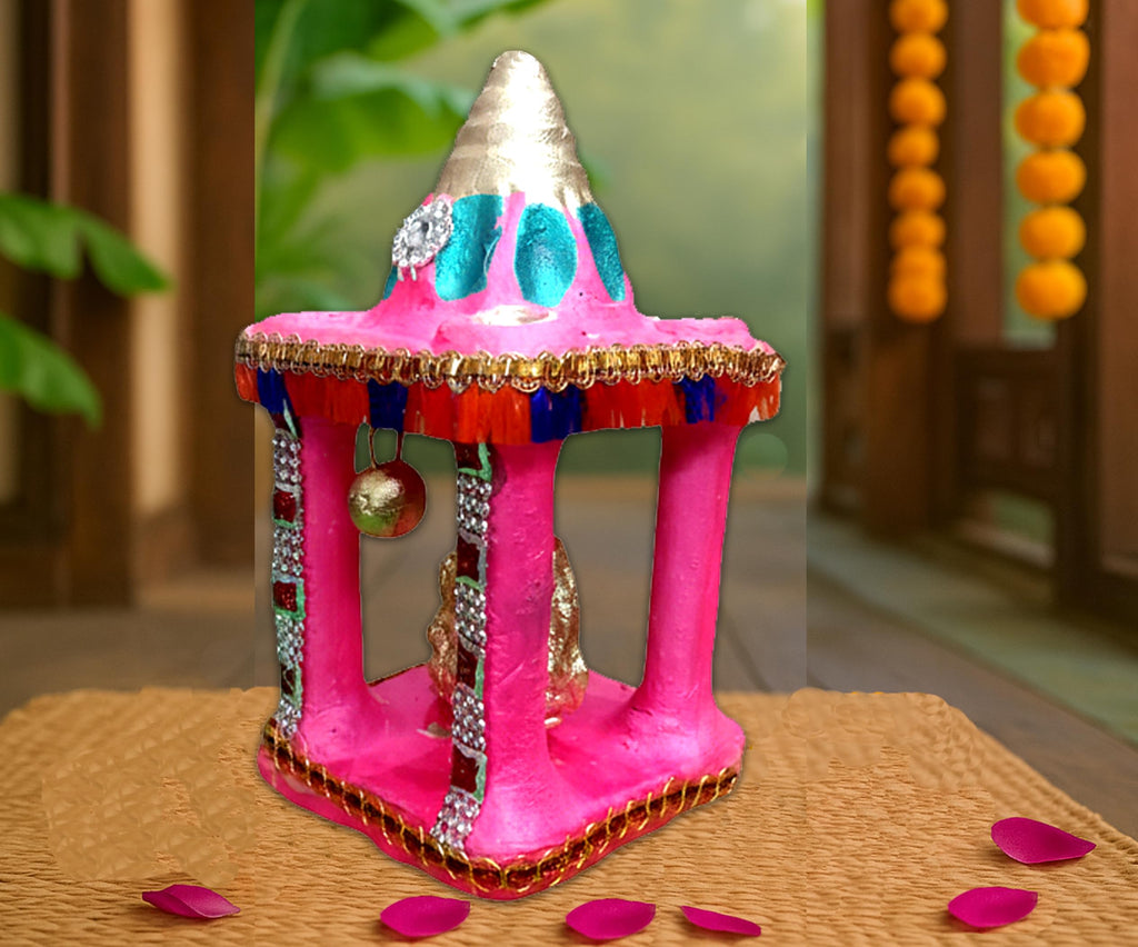 Cyan Collection Terracotta Clay Mitti Decorative Hatri Lakshmi Ganesh Square Shape Diwali Temple Mandir for Diwali Puja/Pooja, Home Decoration - Size H18 CM x W9 CM x L9 CM (Pack of 1) (19 CM)