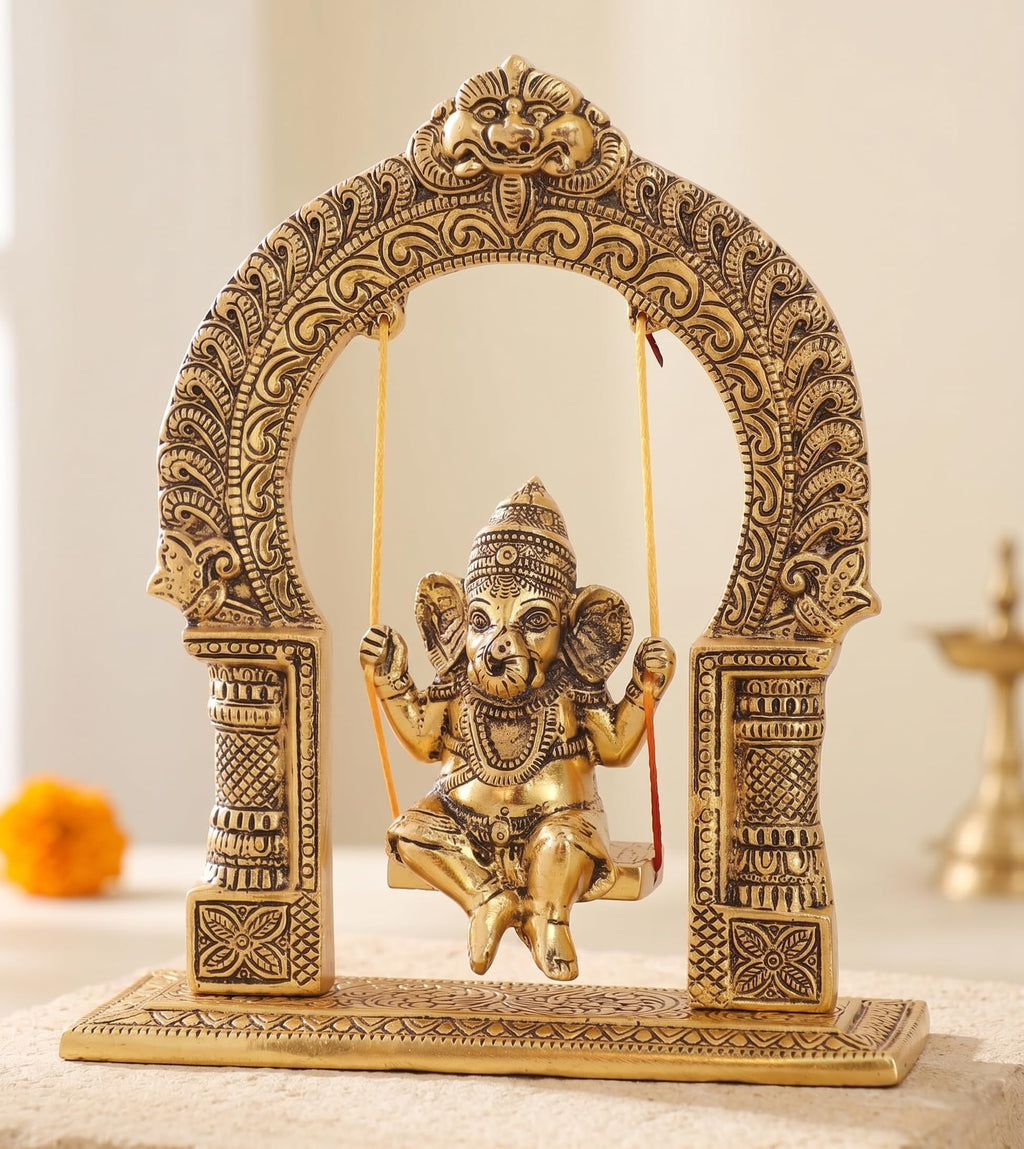 KridayKraft Ganesh ji dori jhula Idol, Ganpati Idol on Swing jhula for Temple Pooja, Ganesh Metal Statue Home, Office & Table Decorative, Religious Showpiece Figurines