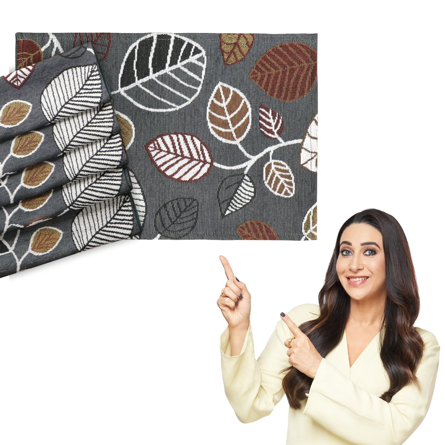 HOKIPO Cotton Jacquard Dinner Table Placemats Set of 6 (12x18 Inches) (IN-530-D5*6) Grey Leaves Kafalo