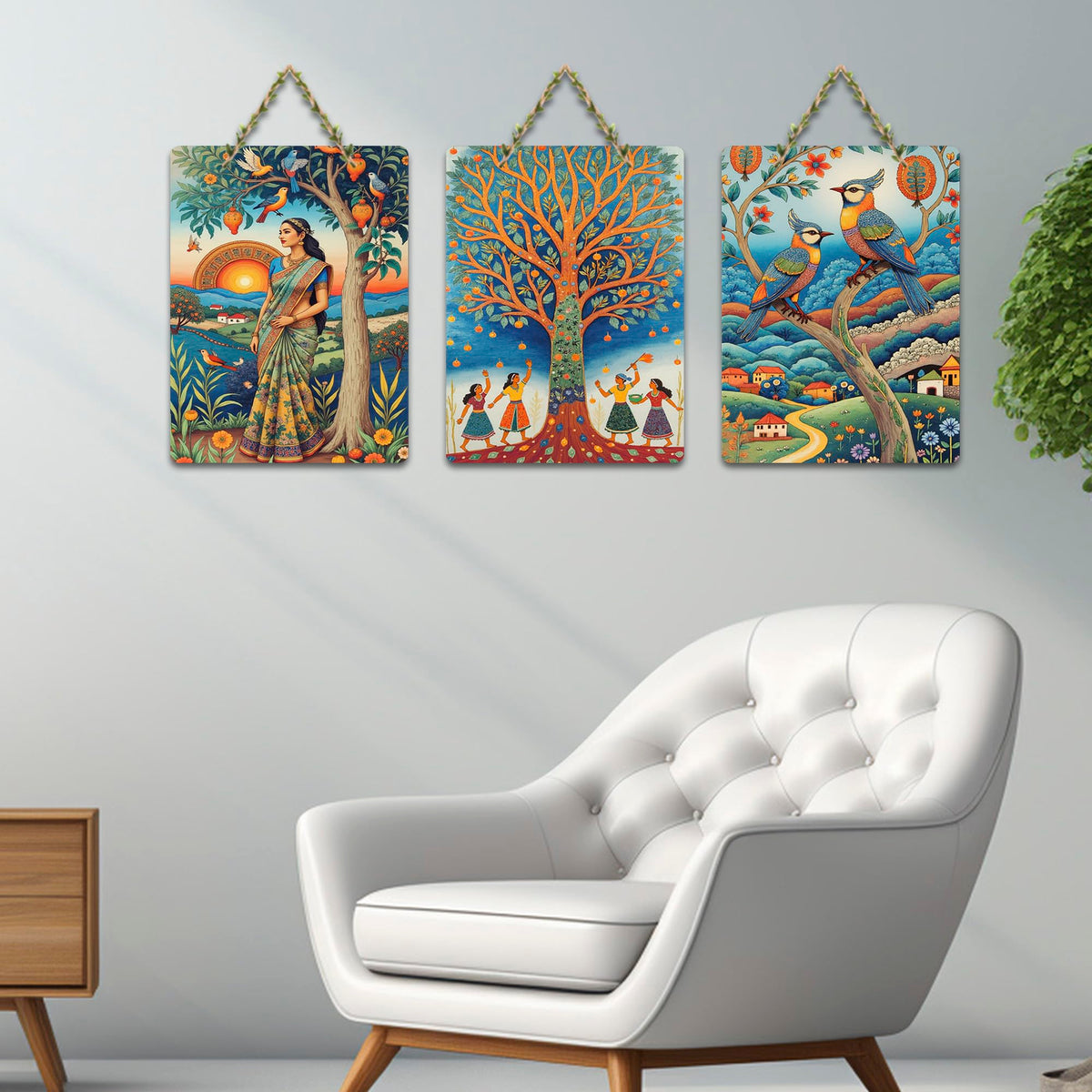 Artvibes Women & Kids Under The Tree Decorative Wall Art MDF Wooden Wall Hanger for Home | Handcrafted Art | Festive Decor | Wall Poster | Paintings For Wall | Ideal Gifts (WH_9684N), Set of 3