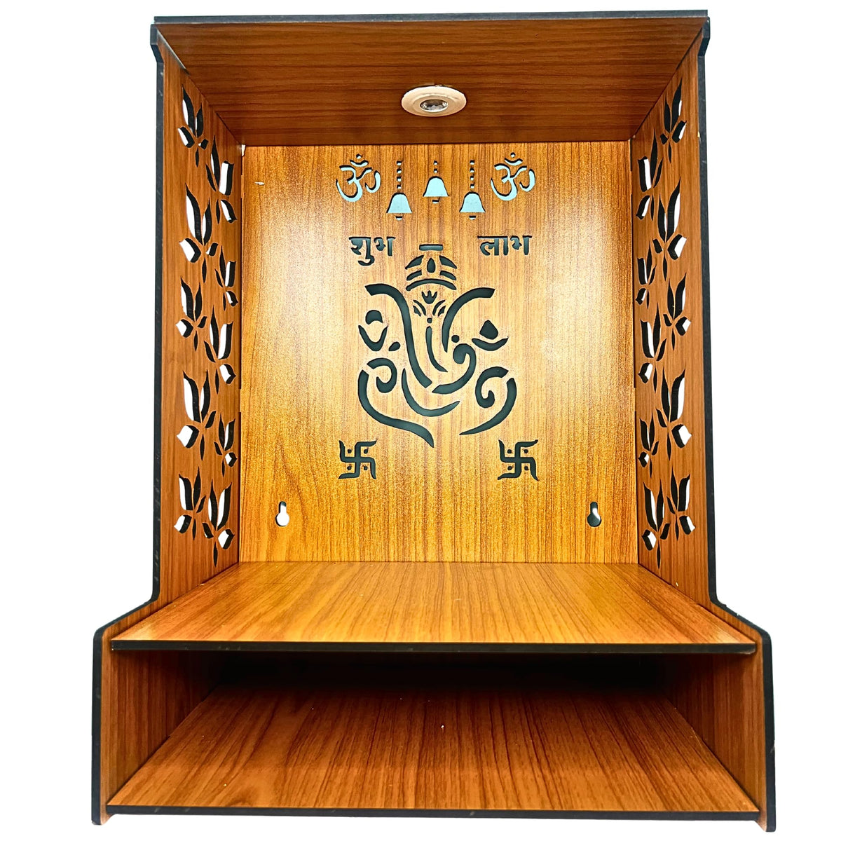 EHKO Shubh Labh Ganesh Mangal Beautiful Wooden Pooja Stand for Home, Temple, Office, Wall Mounted Puja Mandir with LED Spot Light, Size (H- 15.5, L- 11.5, W-11 Inch)