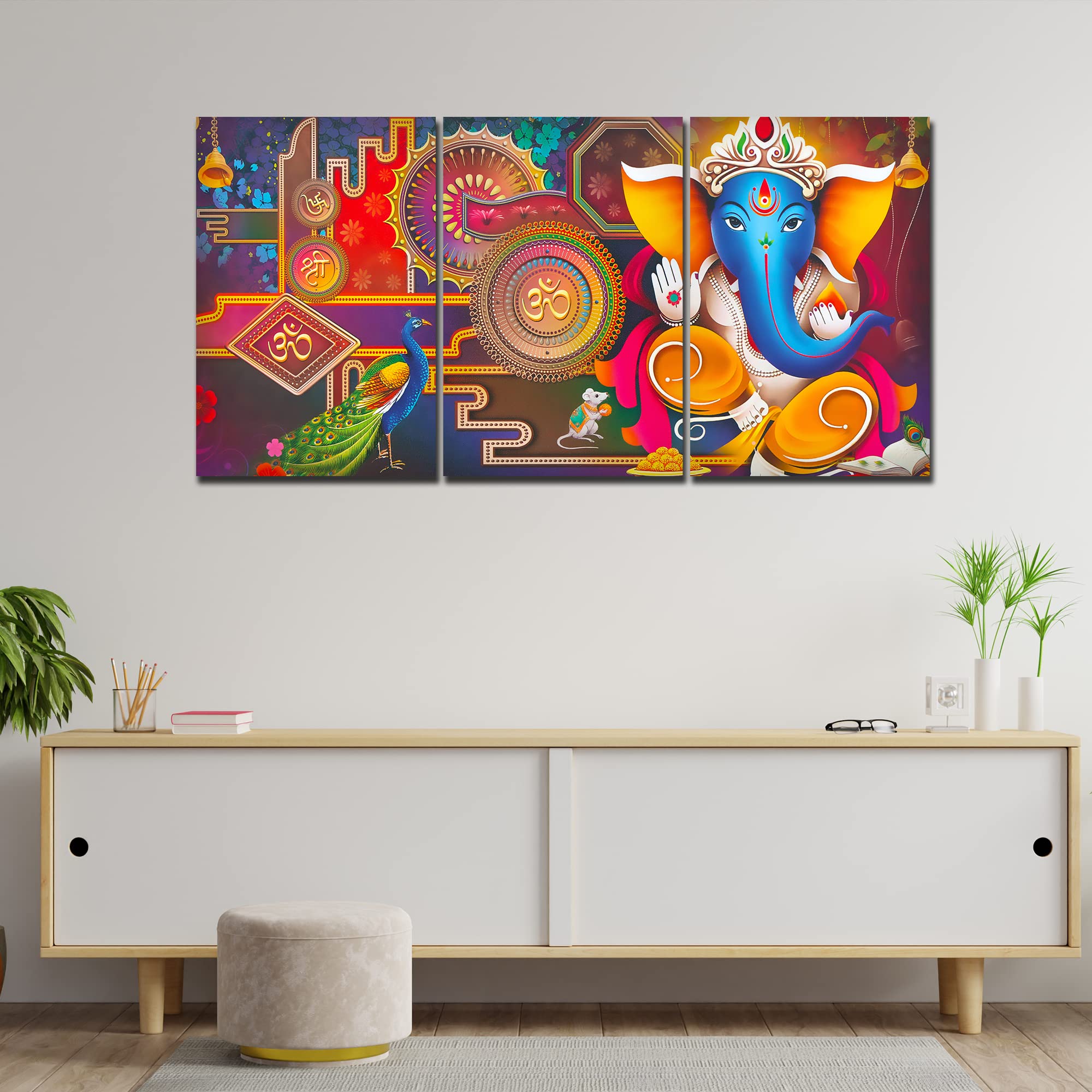 VIBECRAFTS 3 Pieces Spiritual Shree Ganesha Canvas Wall Painting Fitted With Wooden Frame For Home | Office | Living Room | Gifts(PTVC3Pcs3_11511)