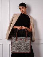 ZOUK Lattice Lace Printed Jute Handcrafted Lemon Yellow Women's Stylish Tote Bags | Tote Handbag| Shoulder bag with double handle