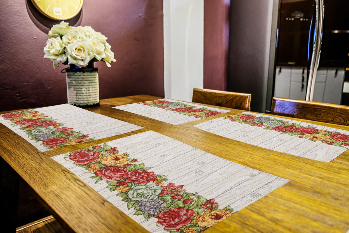 PRAKARTIK BY INDUARTS Yellow Red Roses Border Eco-Friendly Cotton Dining Rectangular Table mats - Reusable, Machine Washable, Everyday Use Yellow & Red Placemats, Set of 4 (33x47 cm) Kafalo