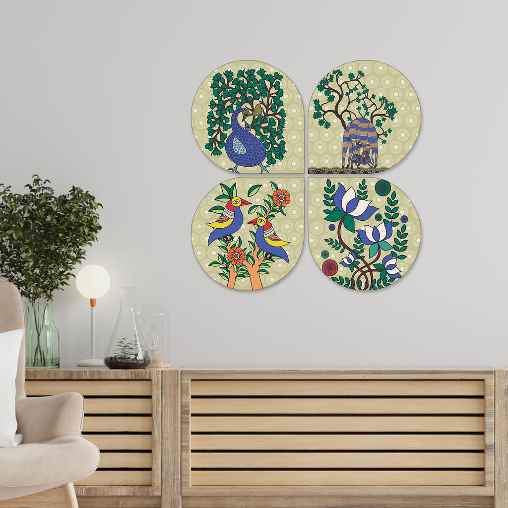 Artvibes Floral Animal Decorative Wall Art MDF Wooden Wall Hanger for Living Room | Modern Decoration Items | Festive Decor | Art Print | Paintings For Wall | Unique Gift Items (WH_8437N), Set of 4