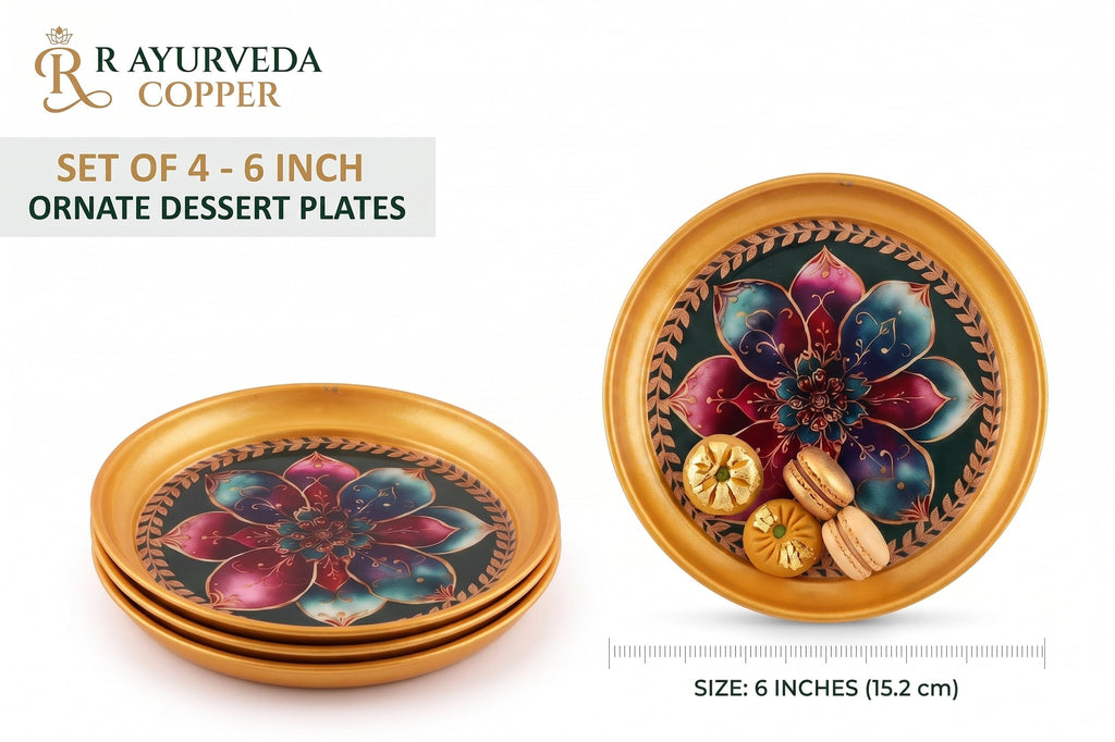 R AYURVEDA COPPER Metal Set of 4 Ornate Dessert Serving Plates - 6 Inch Decorative Enamel & Gold Foiled Finish Trays - Perfect for Indian Sweets, Macarons, Festivals & Family Parties