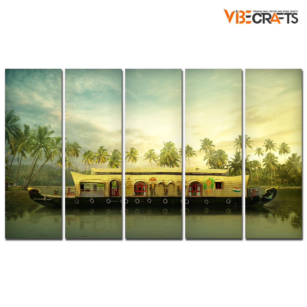 VIBECRAFTS Beautiful Kerala Boat 5 Pieces Canvas Wall Painting For Home | Office | Living Room | Gift (PTVC5Pcs4_8526)