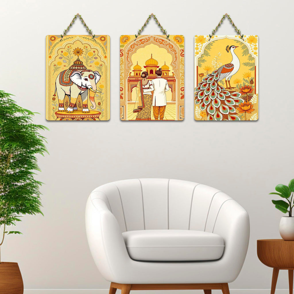 Artvibes Royal Rajasthan Wall Art Home Decorative Wall Art MDF Wooden Wall Hanger for Living Room | Festive Decor Art | Wall Sculpture | Aesthetic Wooden Decor | Unique Gift Item (WH_9641N), Set of 3