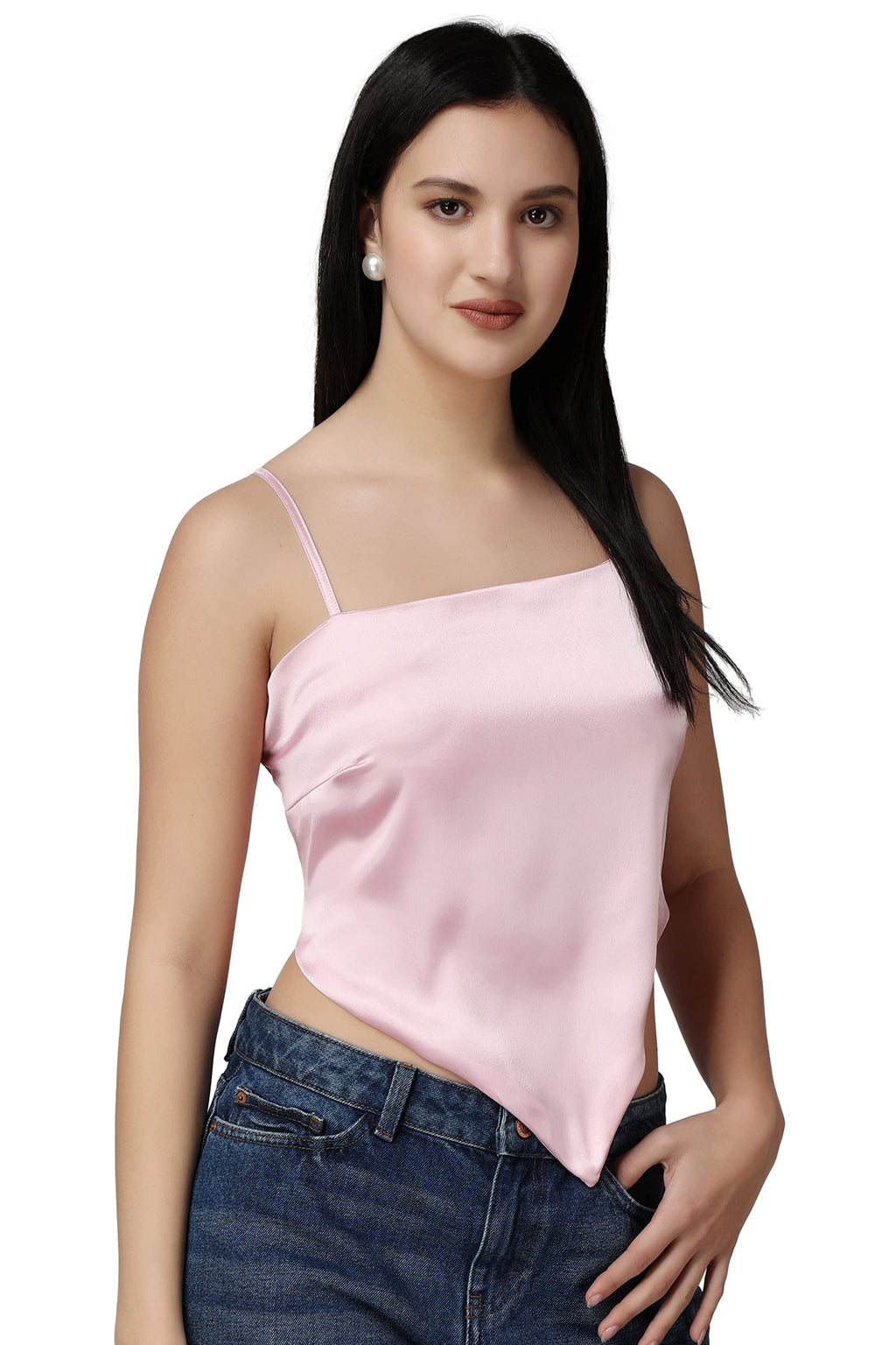 Popwings Women Casual Pink Satin Scarf Knot Solid Crop Top