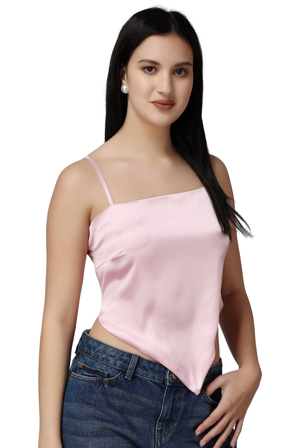 POPWINGS Casual Hankie Style Satin Solid Crop Top for Women || Square Neck Crop Top for Women || Sleeveless Crop Top for Women || Latest Stylish Women Crop Top for Summer Pink