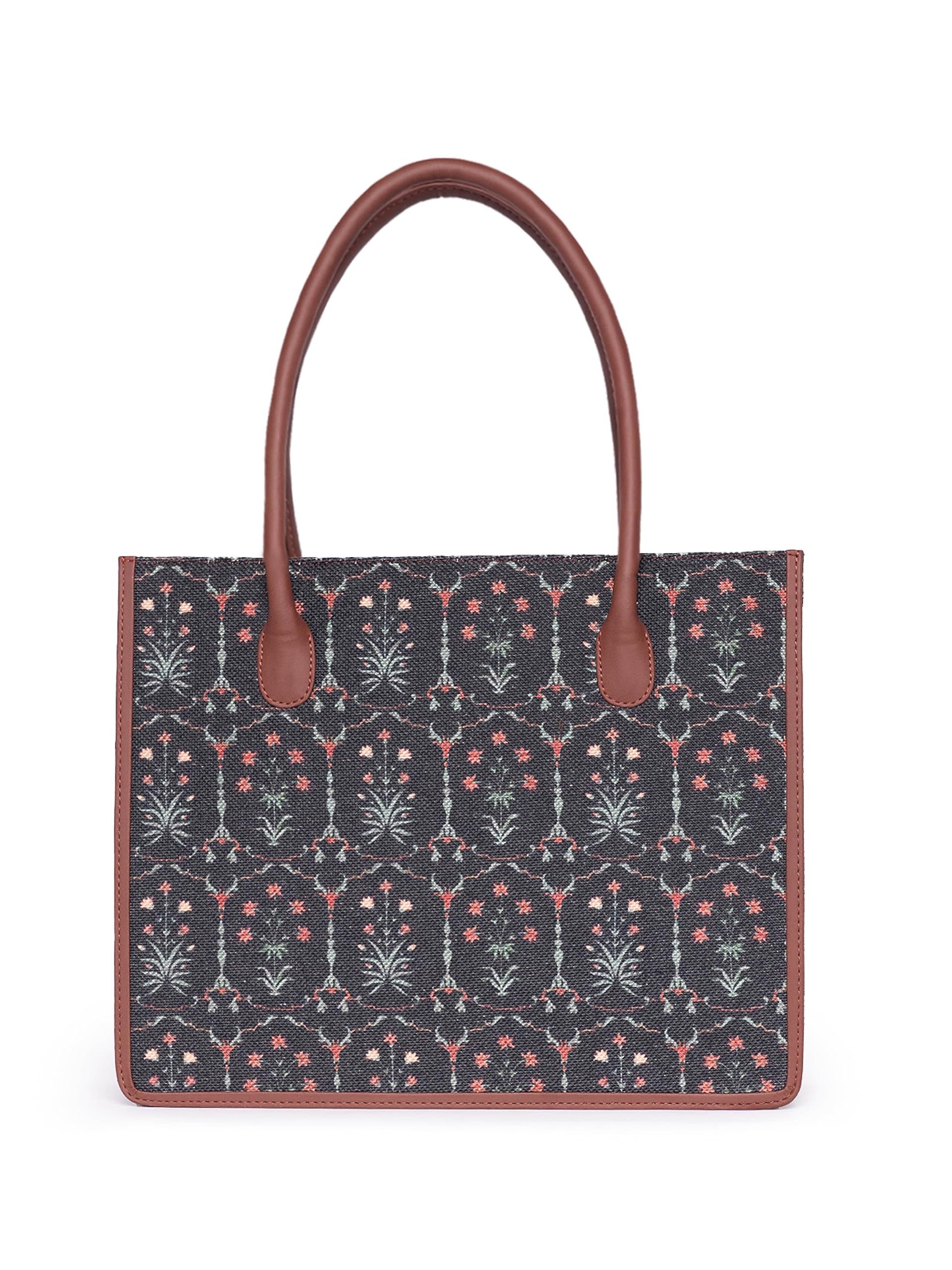 ZOUK Taj Guldasta Floral Printed Jute Handcrafted Black Women's Stylish Tote Bags | Tote Handbag| Shoulder bag with double handle