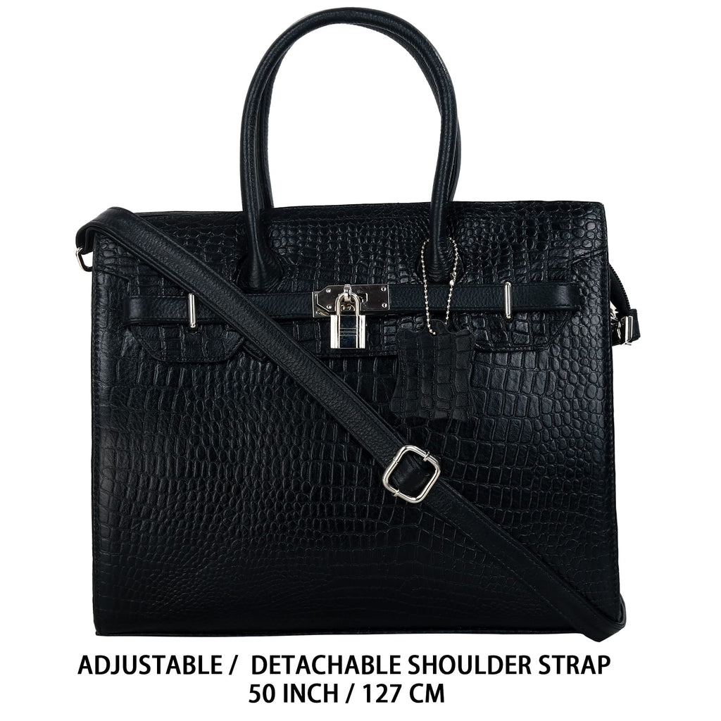 RICHSIGN LEATHER ACCESSORIES Full-Grain Natural Cro Leather Top-Handle satchel Tote Handbags & Shoulder Sling Bags For Women Office Branded Stylish Latest Size- L-12 X H-10 x W- 5 Inch (BLACK)