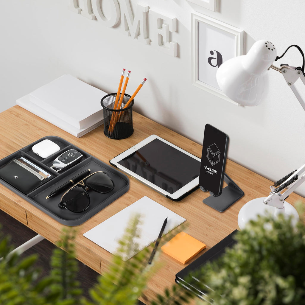 V-CUBE Designs Premium Vegan Leather Valet Tray|Stylish & Modern Office Desk Tray| Table/Bedside/Entryway Organiser for everyday essentials like Keys, Phone, Watch, Wallet, Jewellery|Spill-Proof| Grey
