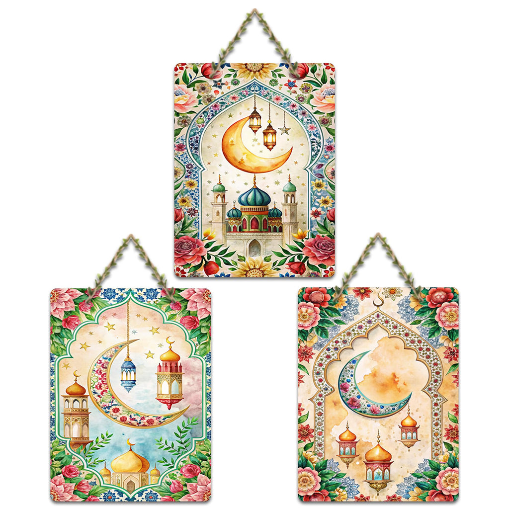 Artvibes Decorative Mosque Decorative Wall Hanging Wooden Art Decoration item for Living Room | Islamic Decoration | Wall Poster| Stylish Modern Decor Item | Gift Items (WH_96189N), Set of 3