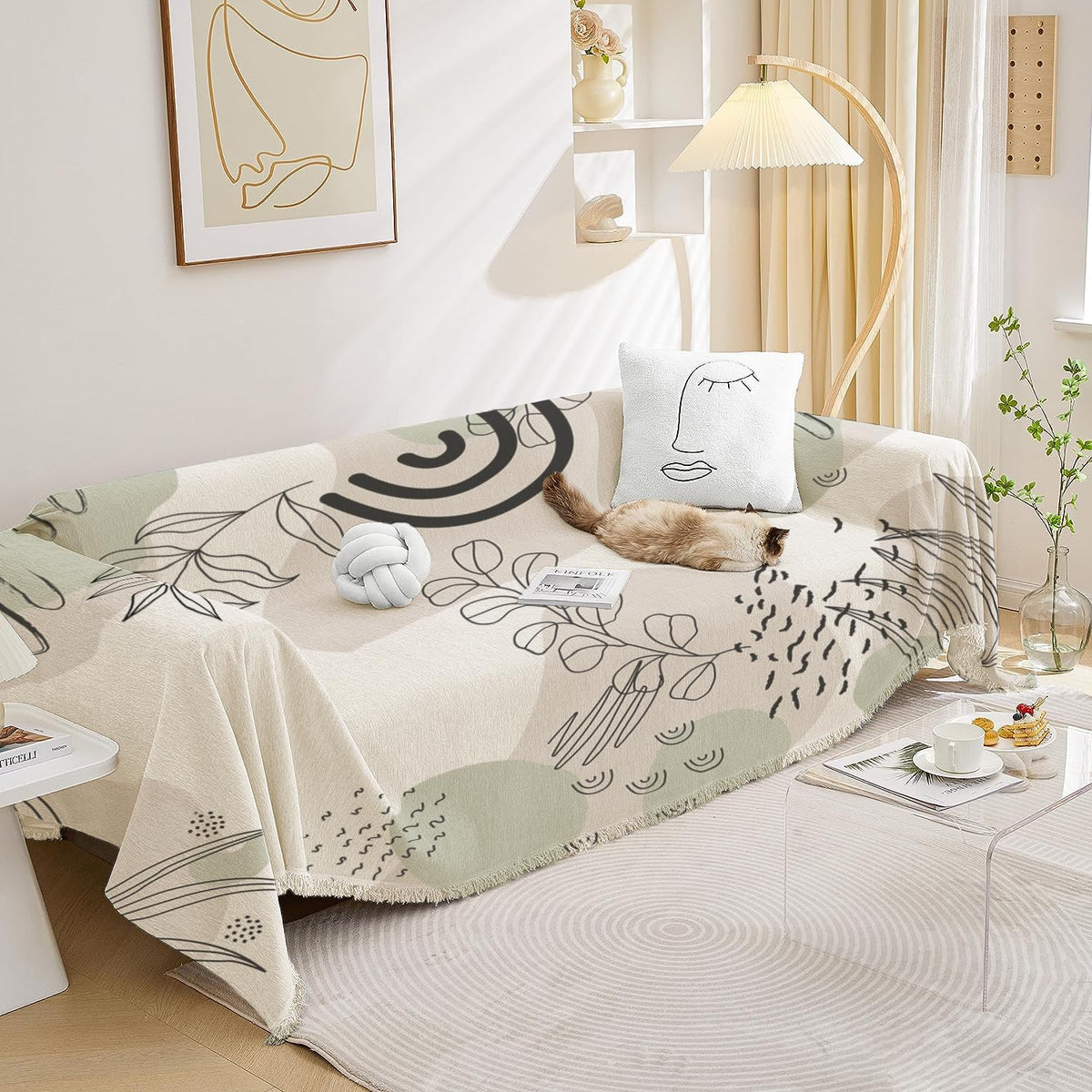 Lukzer Multi-Functional Chenille 3 Seater Sofa Throw Blanket with Fringes Thick and Super Soft Decorative Couch Cover Bed Protector (Leaf Line Patch/180x260cm) Kafalo