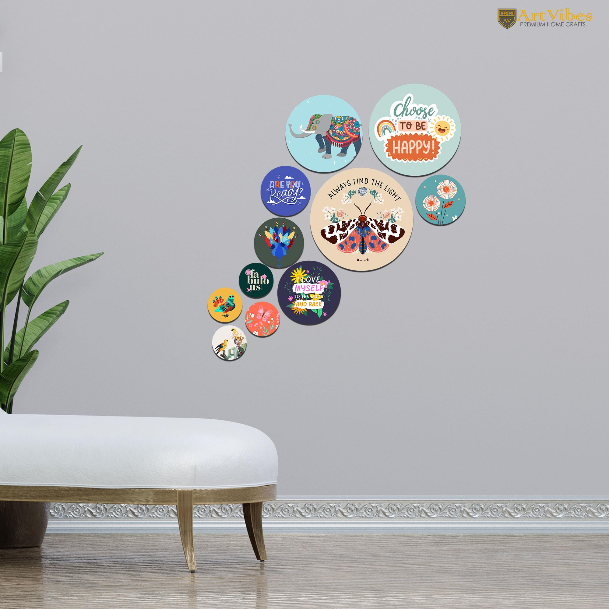 Artvibes Choose To Be Happy Decorative Round Shape MDF Wooden Wall Hanging | Quotes Decor Item | Wall Accent | Office Decoration Item | Inspirational Quotes Wall Art | Gift Items (WPS_139N), Set of 11
