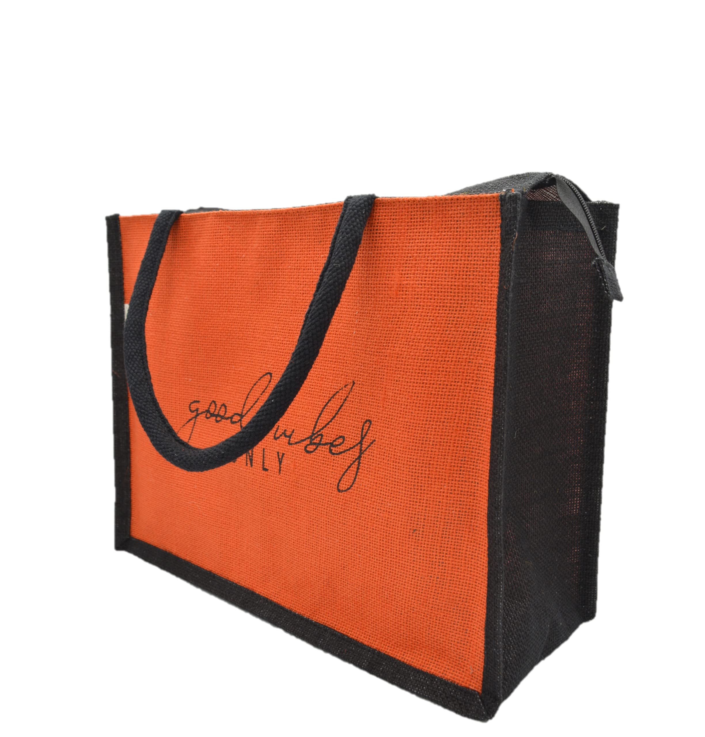 JUTEKA Unisex-adult Orange And Black,Quote Printed Jute Bag For Lunch, Office, Grocery, Picnic, Tiffin, Shopping Hand Bag With Padded Cotton Handles