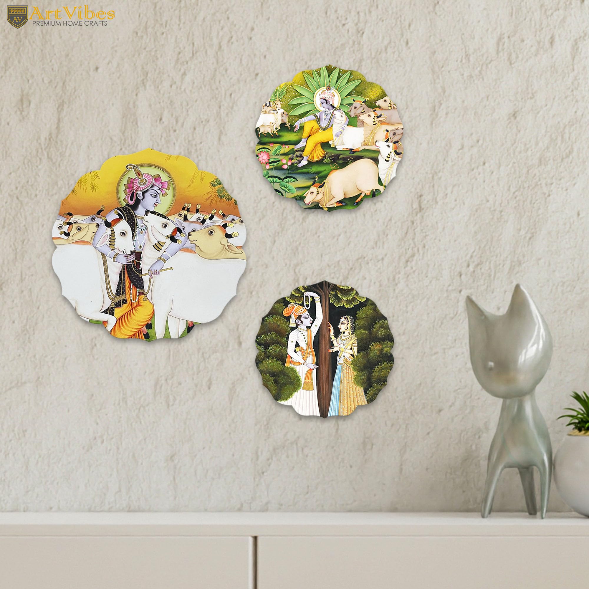 Artvibes Shri Krishna with cows Round Shape MDF Wooden Wall Decor Items | Living Room | Handcrafted Art | Wall Poster | Aesthetic Wooden Decor | Art Print | Unique Gift Items (WH_8818N), Set of 3