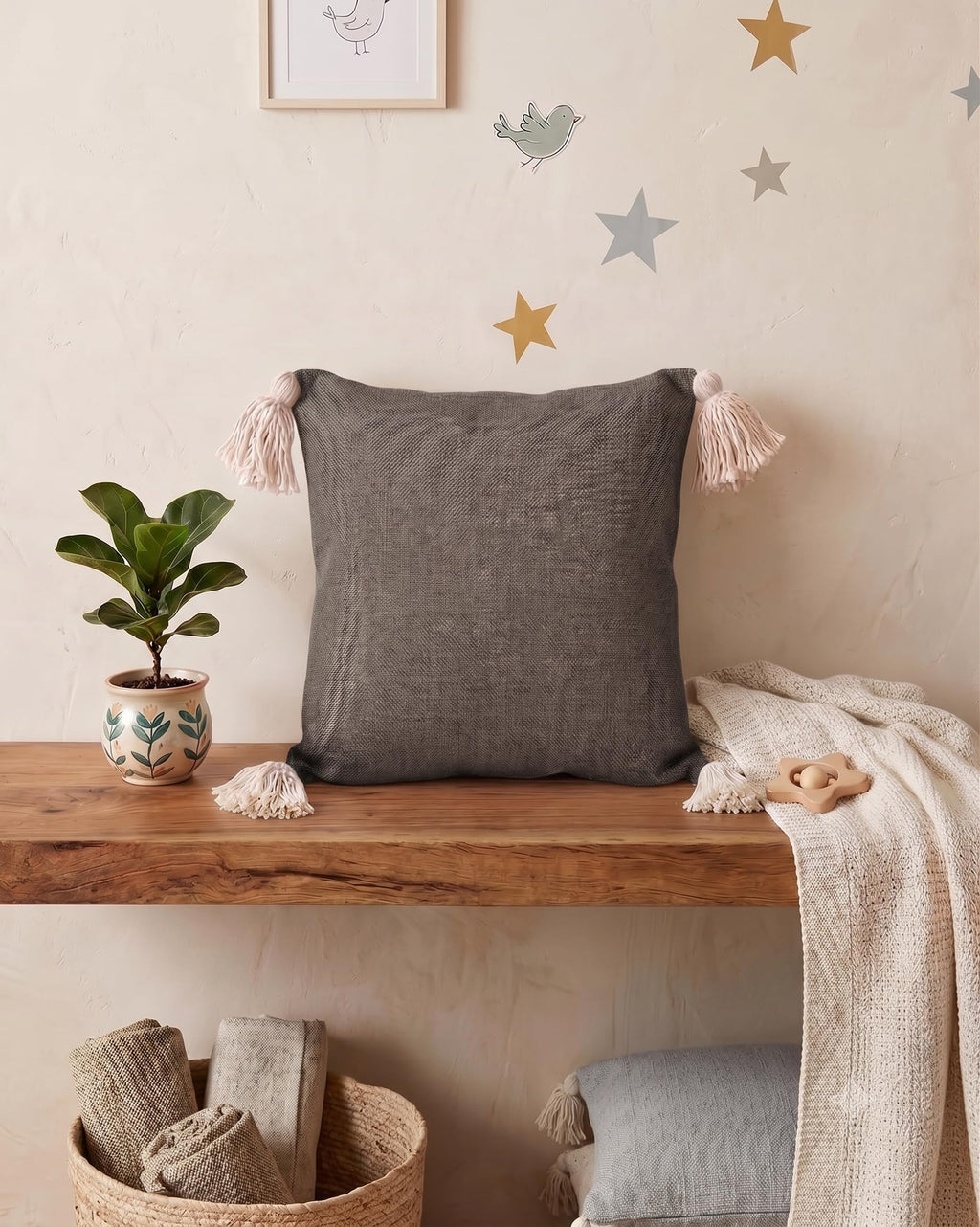 Furnistitchs Solid Boho Cushion Cover 16x16 Inches, Premium Natural Slub Fabric Throw Pillow Case with Tassels for Sofa, Couch, Living Room & Bedroom 40x40 cms, 2 pc - Pebble Grey