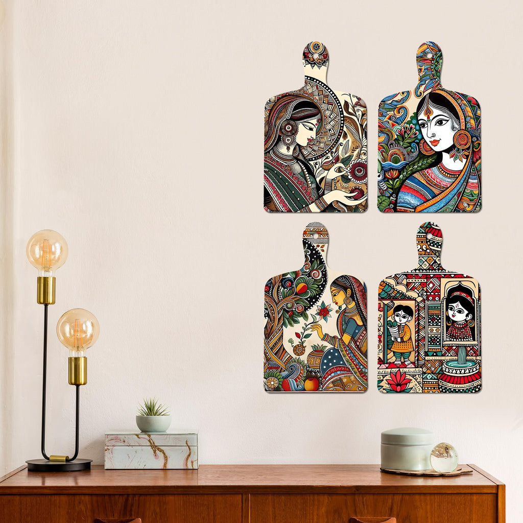 Artvibes Beautiful Women Planting Tree Royal Madhubani Art Wooden Art Decoration Item for Living Room | Printed Wall Decoration | Art Print | Graphic Artwork | Unique Gift Items (WH_5632N), Set of 4
