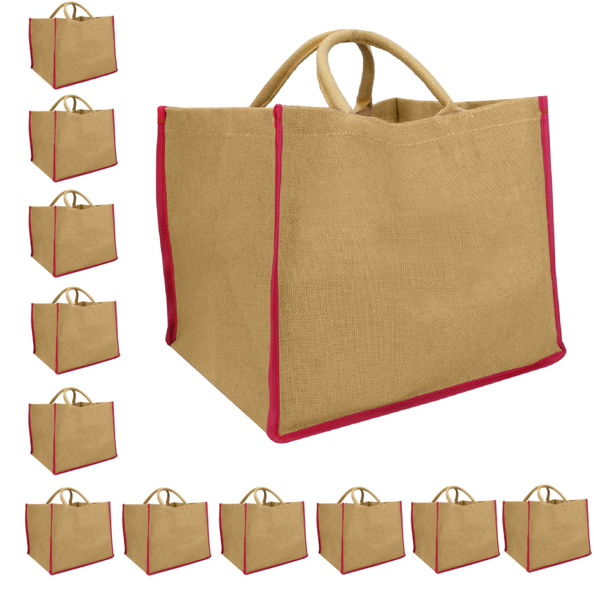 Double R Bags Reusable Grocery Shopping Jute Gift Bag With Cotton Handle for Wedding, Return Gifts & Birthday Party - (Brown) Pack of 12