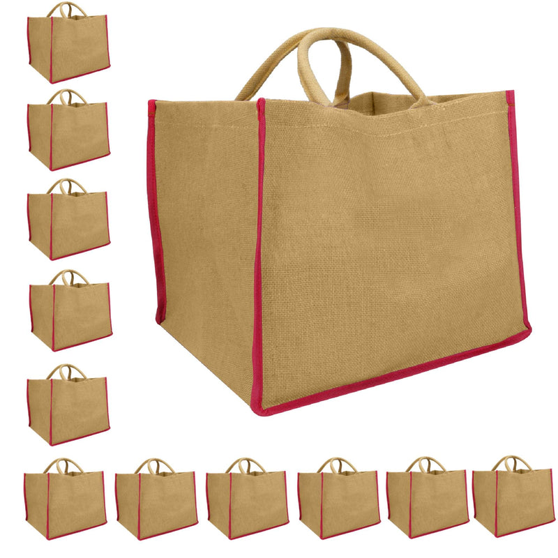 Double R Bags Reusable Grocery Shopping Jute Gift Bag With Cotton Handle for Wedding, Return Gifts & Birthday Party - (Brown) Pack of 12