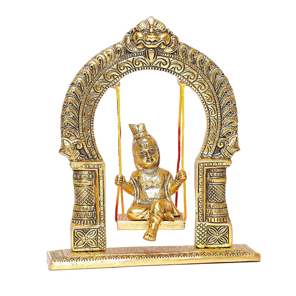 Prince Home Decor & Gifts Metal Bal Krishna Jhoola Showpiece for Gifting and Home Decor (Gold, 9 inches)