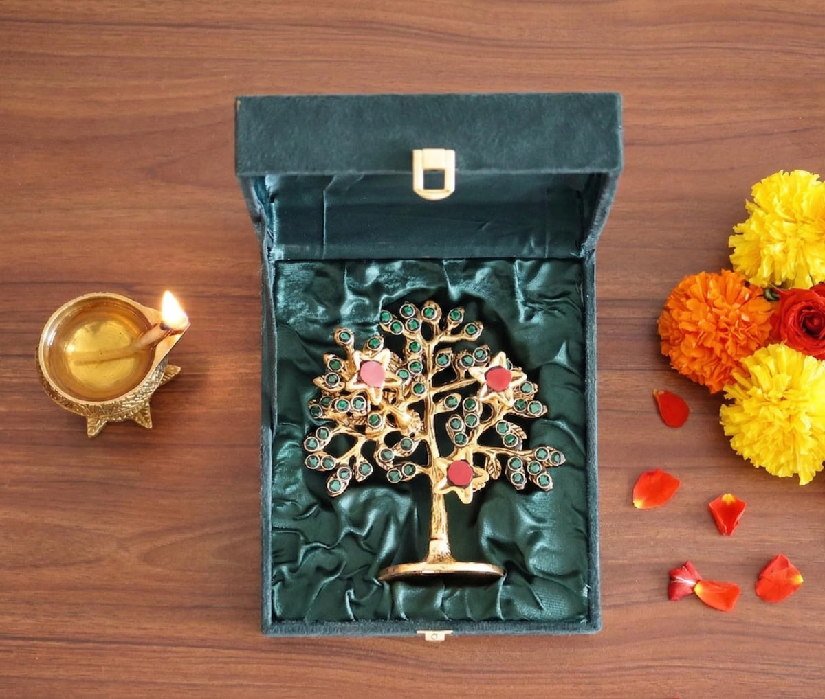 Metal Kalpavriksha Tree for Home Decor - Golden Wish Fulfilling Tree Metal Showpiece for Temple, Vastu, Office Table & Gifting Banyan (No 1 Golden Stone with Box)