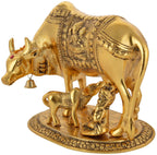 Prince Home Decor & Gifts AluminiumHome Decor Metal Kamdhenu Cow with Calf Statue (Gold)