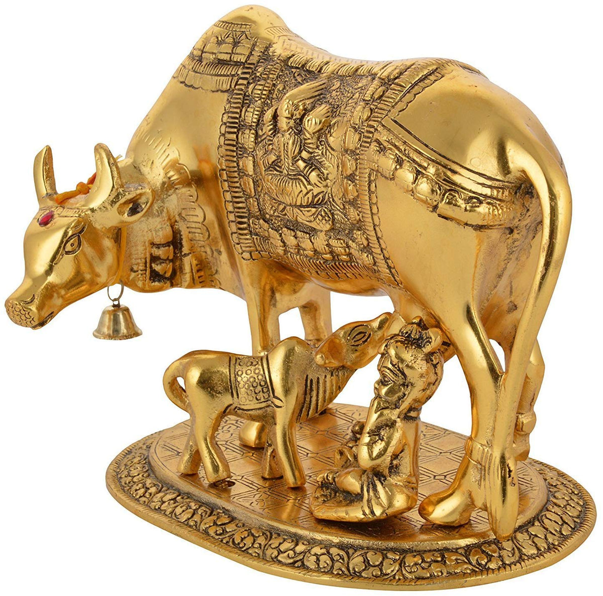 Prince Home Decor & Gifts AluminiumHome Decor Metal Kamdhenu Cow with Calf Statue (Gold)