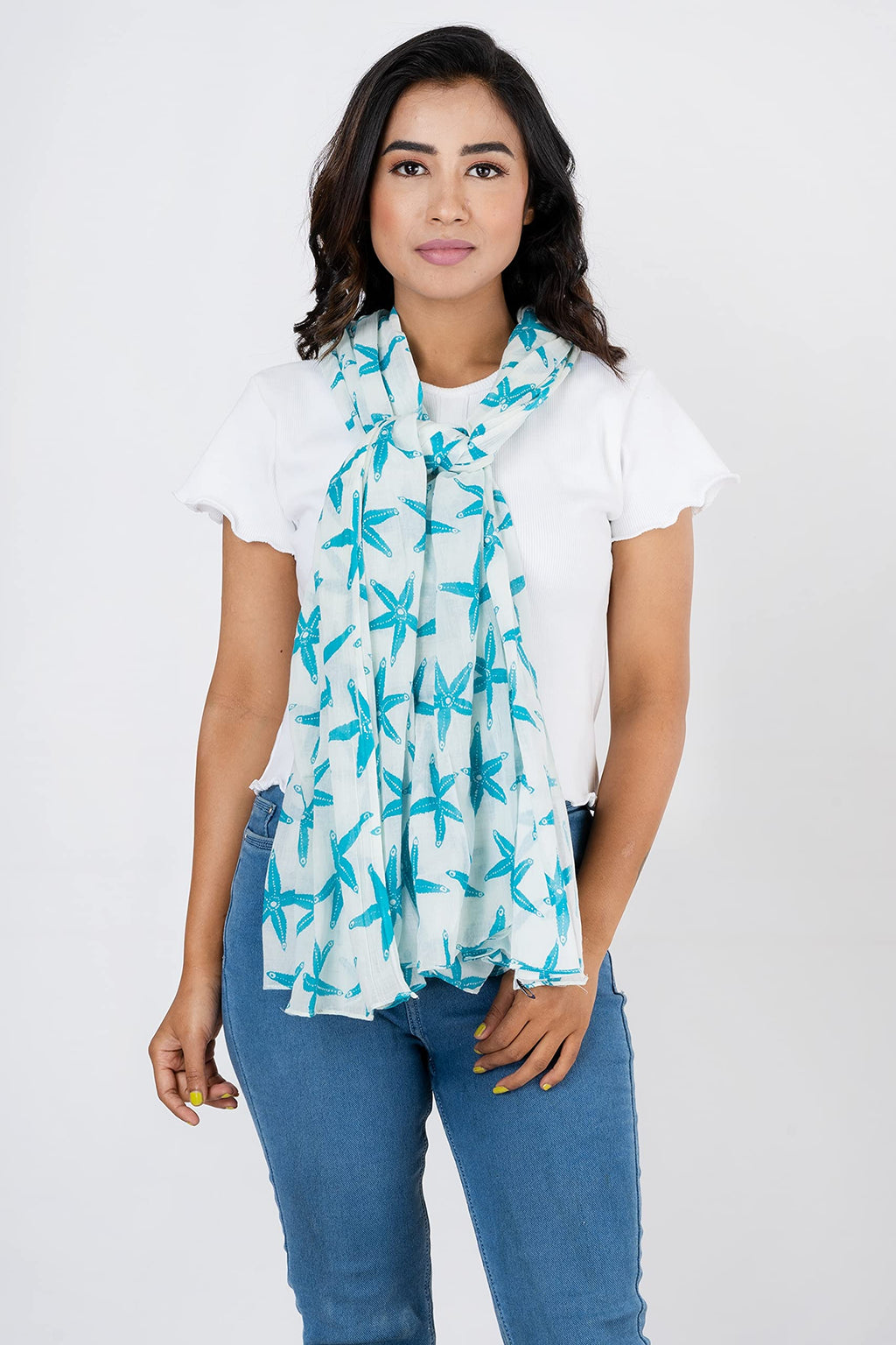 AQVA Printed Cotton Scarf for Women Stylish (starfish Sky) | Head and Face Cover Scarf for Girls with 100% Cotton | Soft & Lightweight Scarves/Stoles for all Weather (72 x 43 in)