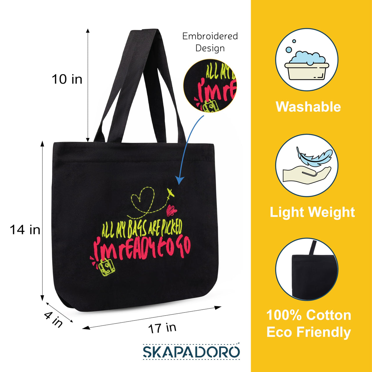 SKAPADORO Canvas Big Zip Handbag Tote,100% Cotton, Inner pocket, Unisex Embroidered Comfortable Bag for Travel Office Beach Shopping, Easy to Wash Trendy Everyday Shoulder Bag (Ready To Go)