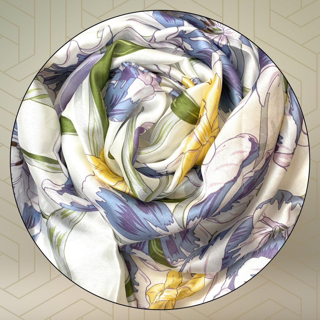 FAHABO Silk Scarf for Women – Soft, Lightweight Silk-Blend Hijab & Stole | Elegant Neck/Head Wrap Shawl | 73 x 35 Inches (Pastel Purple Border)