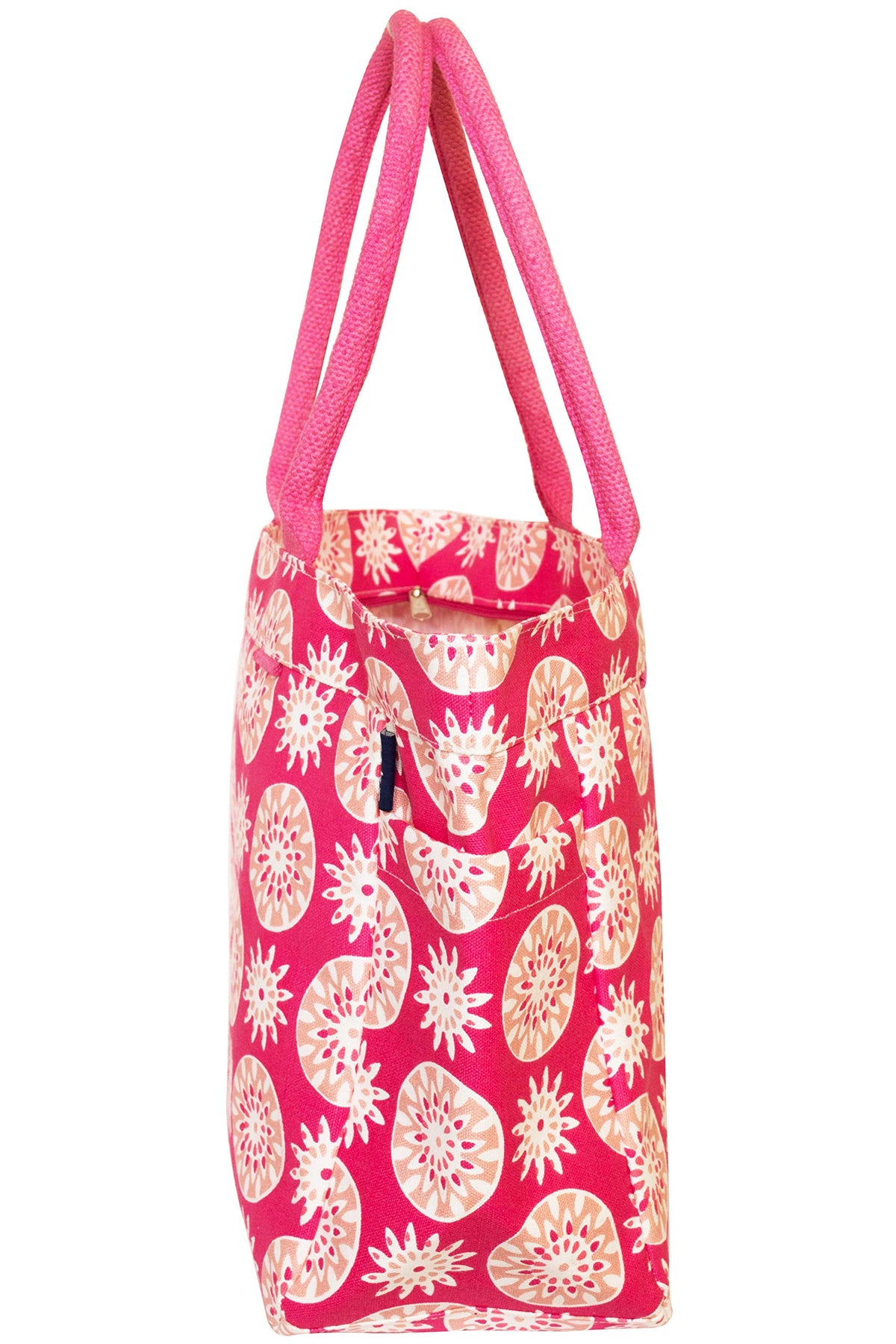 AQVA Cotton Canvas Tote Bag for Women with Side Pockets | Trendy Stylish Multipurpose Handbag with Zipper | Shoulder Bag for Shopping, Travel and Work | Motifs, Pink