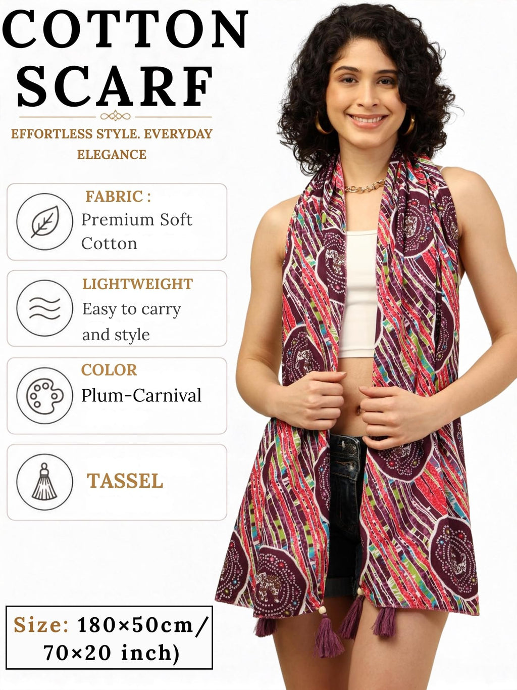 KE KANHA EXPORTS Cotton Scarf with Tassels|Bandhani Print Scarf for Women Stylish|Stole for Women|Breathable Boho Beach Summer Wrap|Multicolor Scarf|Easily Fits 180 * 50 CM