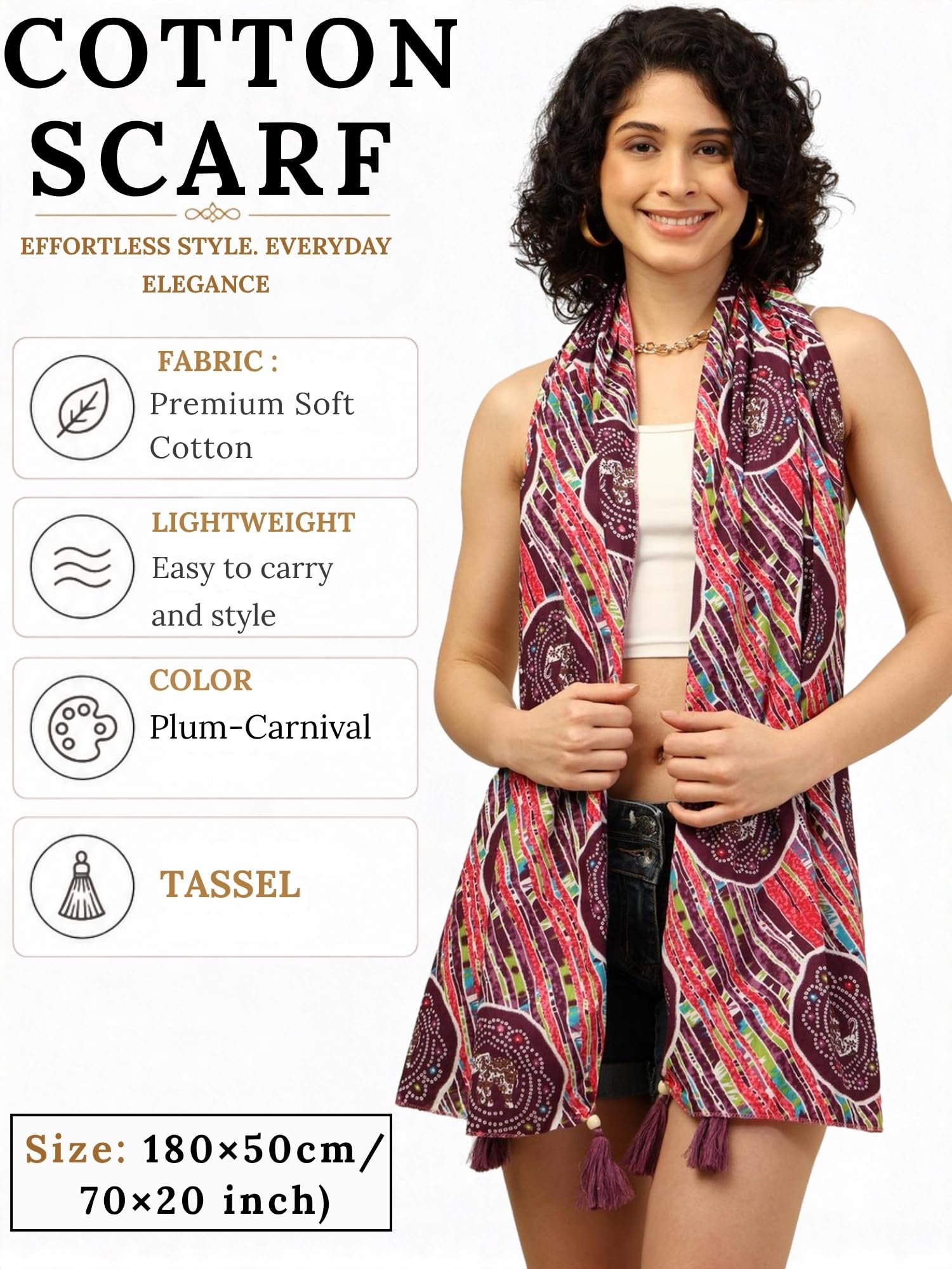 KE KANHA EXPORTS Cotton Scarf with Tassels|Bandhani Print Scarf for Women Stylish|Stole for Women|Breathable Boho Beach Summer Wrap|Multicolor Scarf|Easily Fits 180 * 50 CM