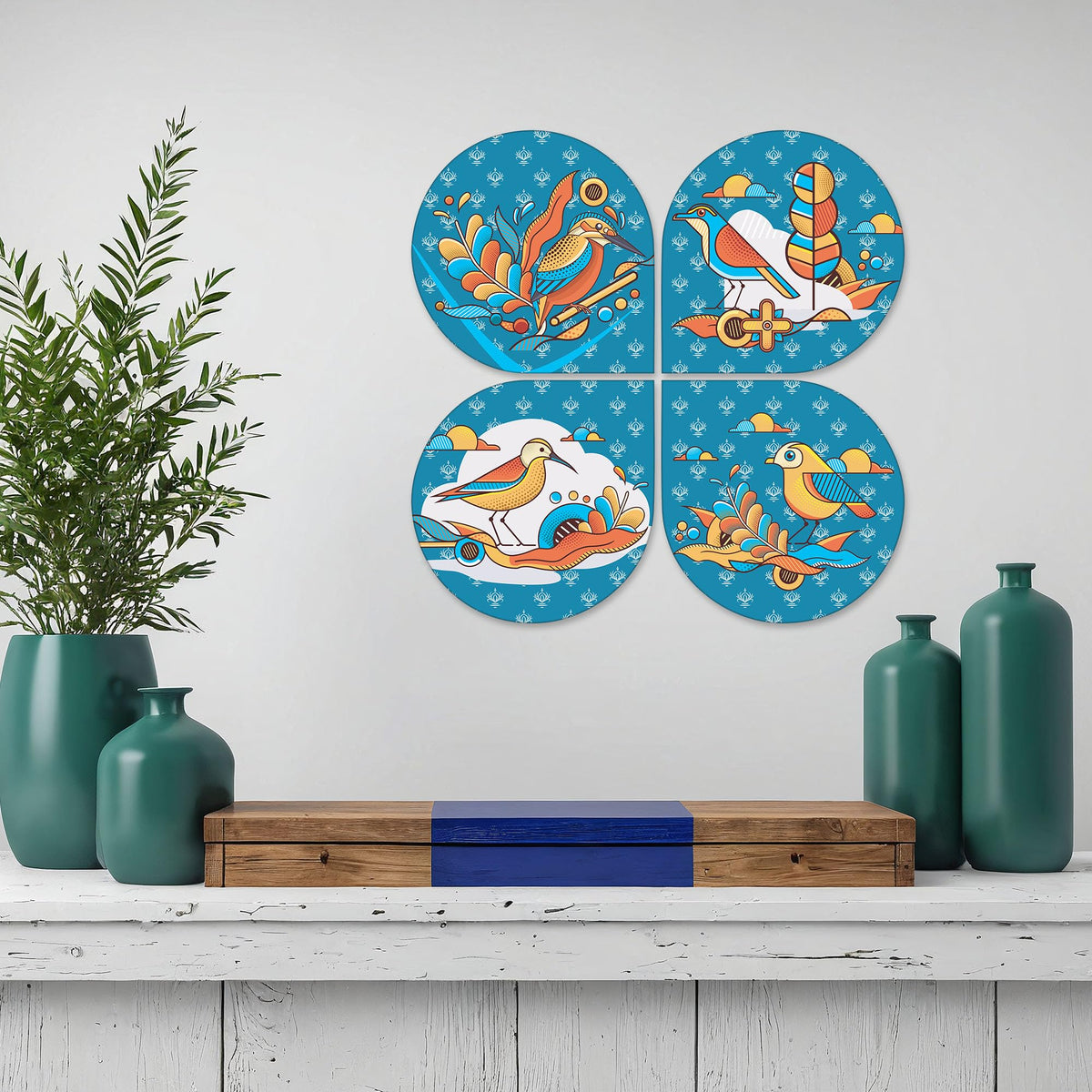 Artvibes Birds Decorative Wall Art MDF Wooden Wall Hanger for Home | Living Room | Office | Cafe | Painting Wall Decor | Wall Illustrations | Artworks Hangings | Gift Items (WH_8423N), Set of 4