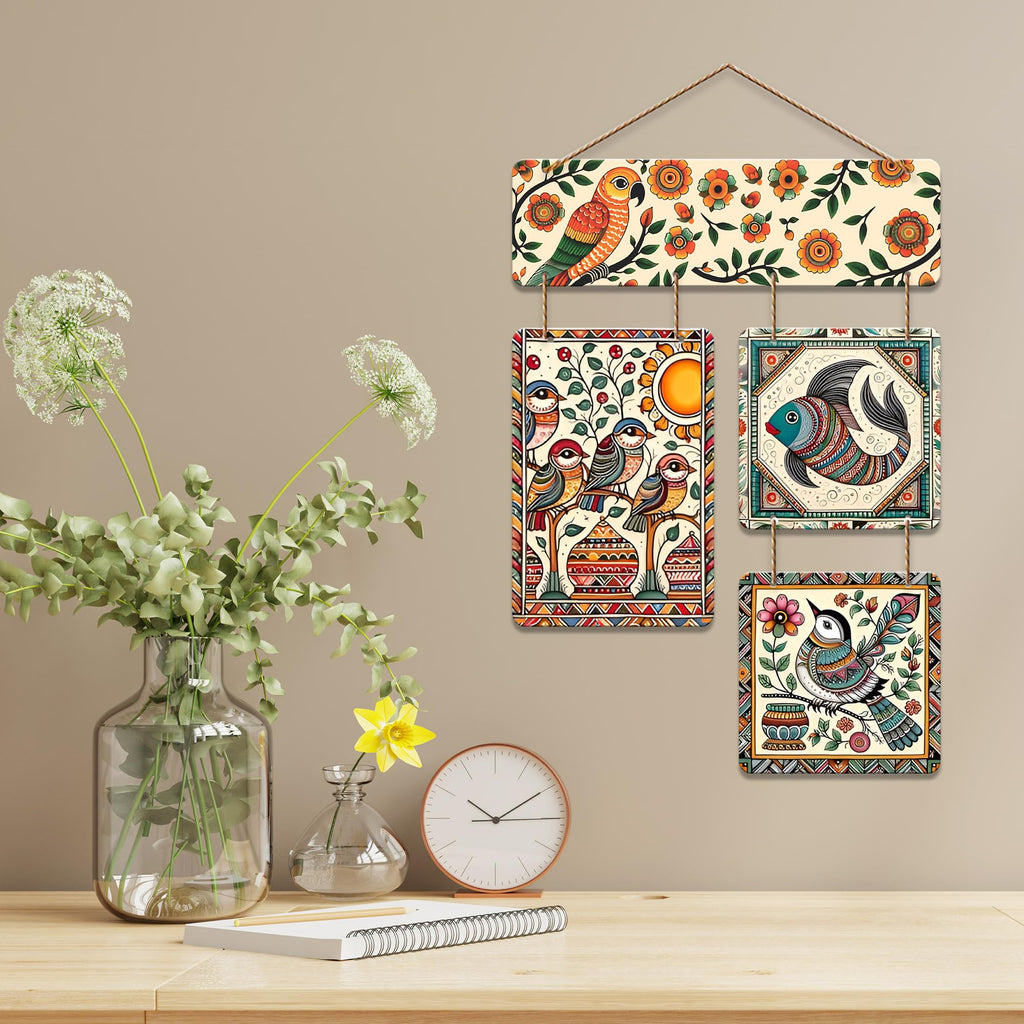 Artvibes Sparrows & Fish Ethnic Indian Folk Art Decorative Wall Art MDF Wooden Wall Hanger for Living Room | Wall Accent | Sceneries | Aesthetic Wooden Decor | Graphic Artwork | Ideal Gifts (WH_6539N)