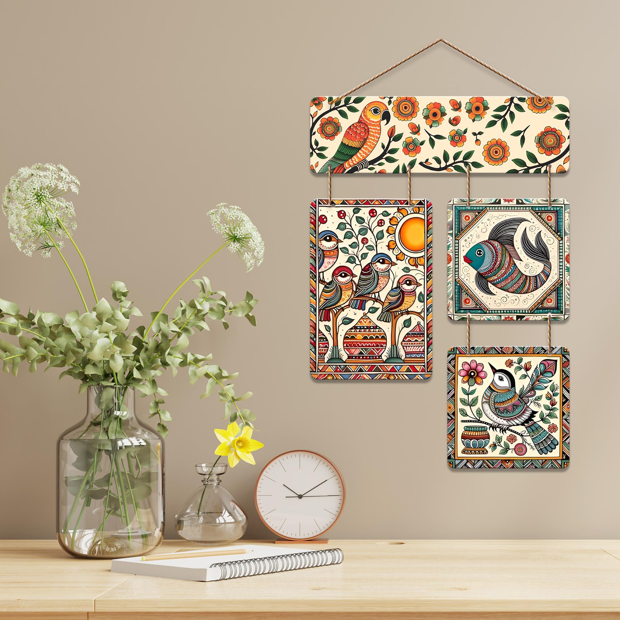 Artvibes Sparrows & Fish Ethnic Indian Folk Art Decorative Wall Art MDF Wooden Wall Hanger for Living Room | Wall Accent | Sceneries | Aesthetic Wooden Decor | Graphic Artwork | Ideal Gifts (WH_6539N)
