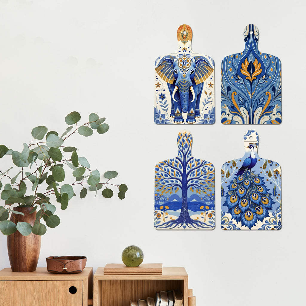 Artvibes Artistic Elephant & Peacock Traditional Modern Art Decorative Wall Art MDF Wooden Wall Hanger for Home | Home Decor | Wall Accent | Wall Art Print | Unique Gift Items (WH_5628N), Set of 4
