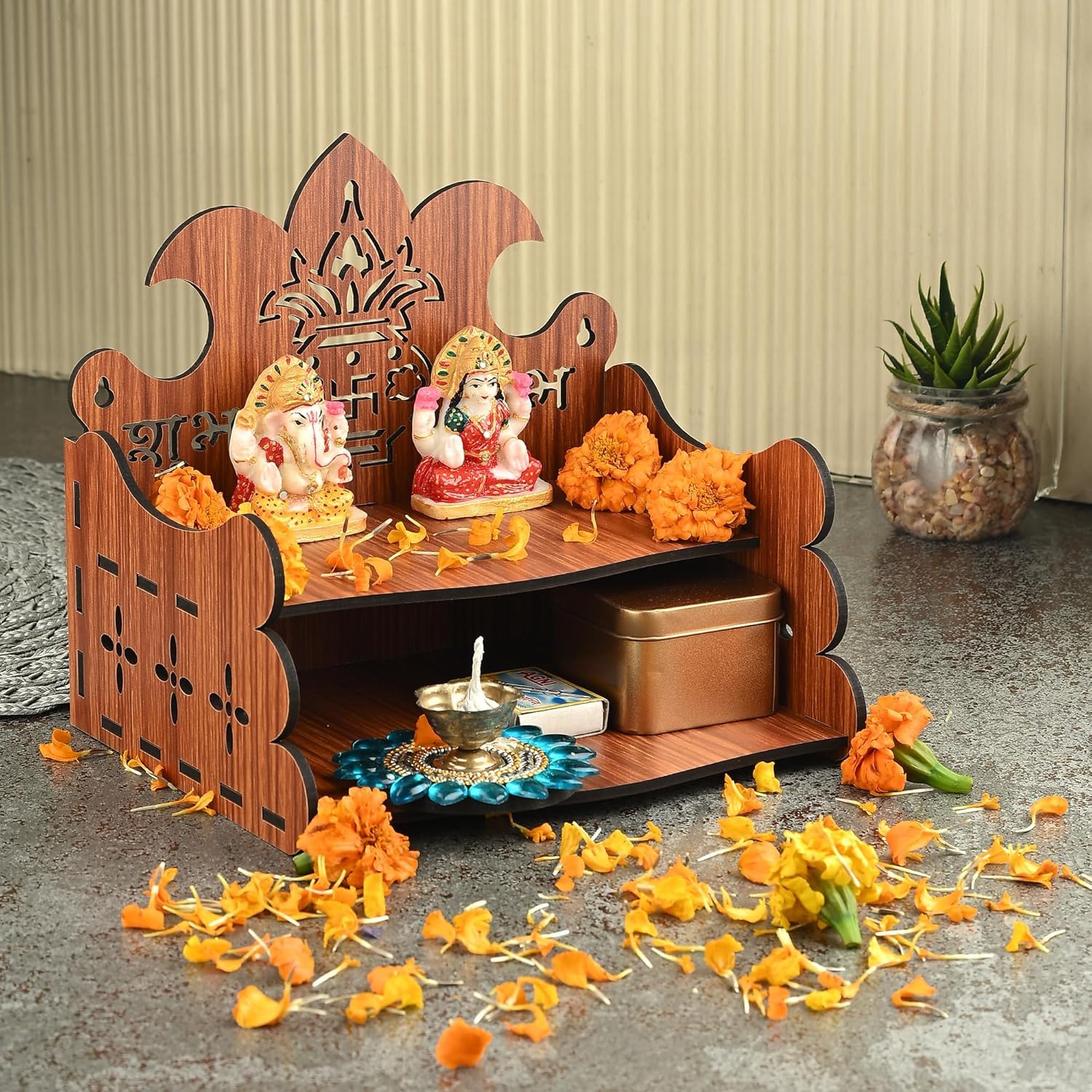 BerryBox Wood Hand Crafted Om Pattern Home Temple for Puja Temple for Home and Office l Puja Mandir l Wooden Mandir l Compact Pooja Ghar Stand for Prayer Room, Living Room Decor (Design 4)