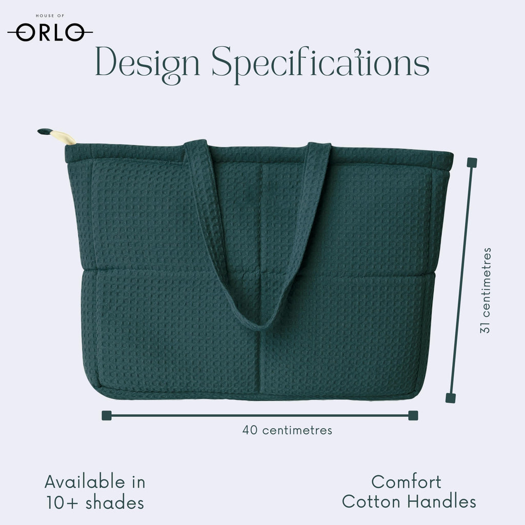 HOUSE OF ORLO Premium Cotton Waffle Quilted Tote Bag, Large Spacious Handbag for College, Office, Work, Travel, Shopping & Daily Use - Forest Green