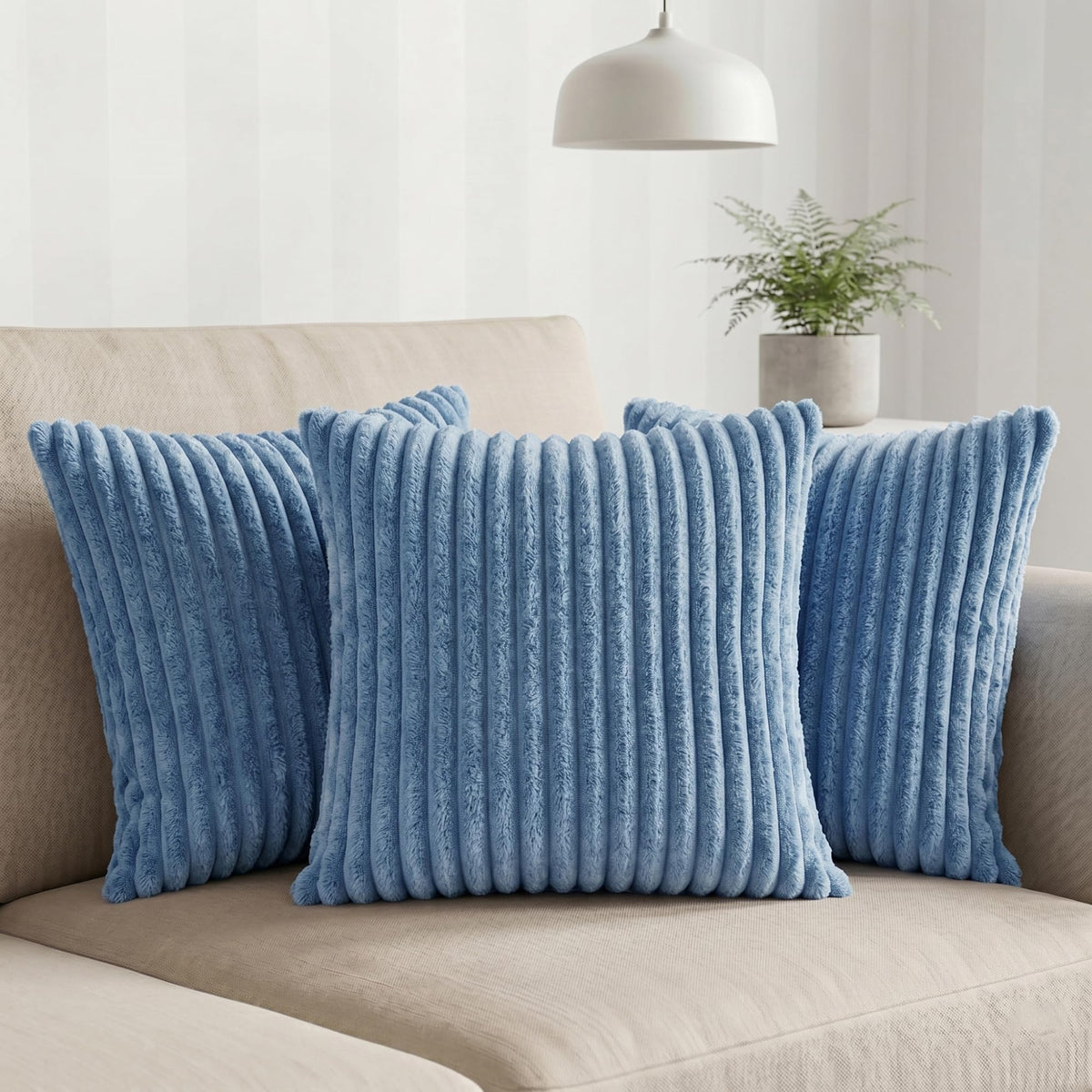 Yellow Weaves Pencil-Stripe Fur Cushion Covers | Soft Polyester | Decorative Sofa & Throw Pillow Covers | 16x16 Inches, Pack of 3 (Sky Blue)