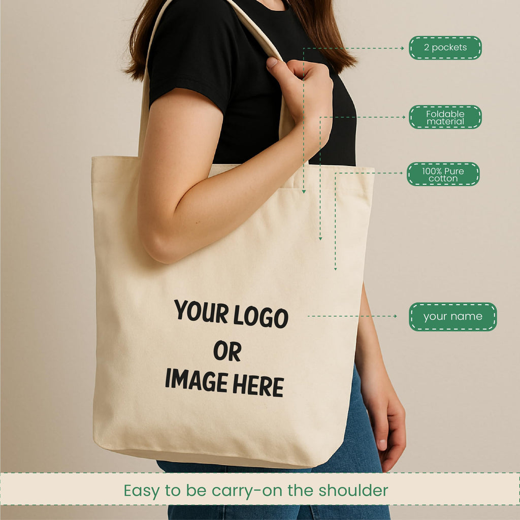 SIGN EVER Customized Tote Bag with Photo For Women College Girl Office use - Reusable Cotton Canvas Bag with 2 Pockets -Lightweight & Durable