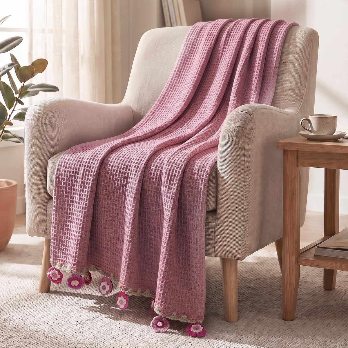 HOKIPO Light Pink All Season Cotton Sofa Throw 50x60 Inches, Soft Decorative Living Room Sofa Throw Blanket with Handmade Crochet Flower Tassels, 'Floral Fringe' Series (IN-1135-LPNK) Kafalo