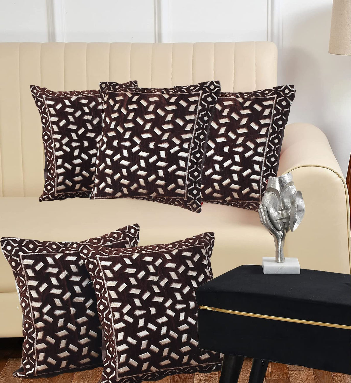 DECOMIZER Jacquard Geomteric Cushion Covers 24 Inch X 24 Inch Set Of 5 Ethnic Motifs 240 TC Cushion Covers,Design- Bricks,Color- Coffee