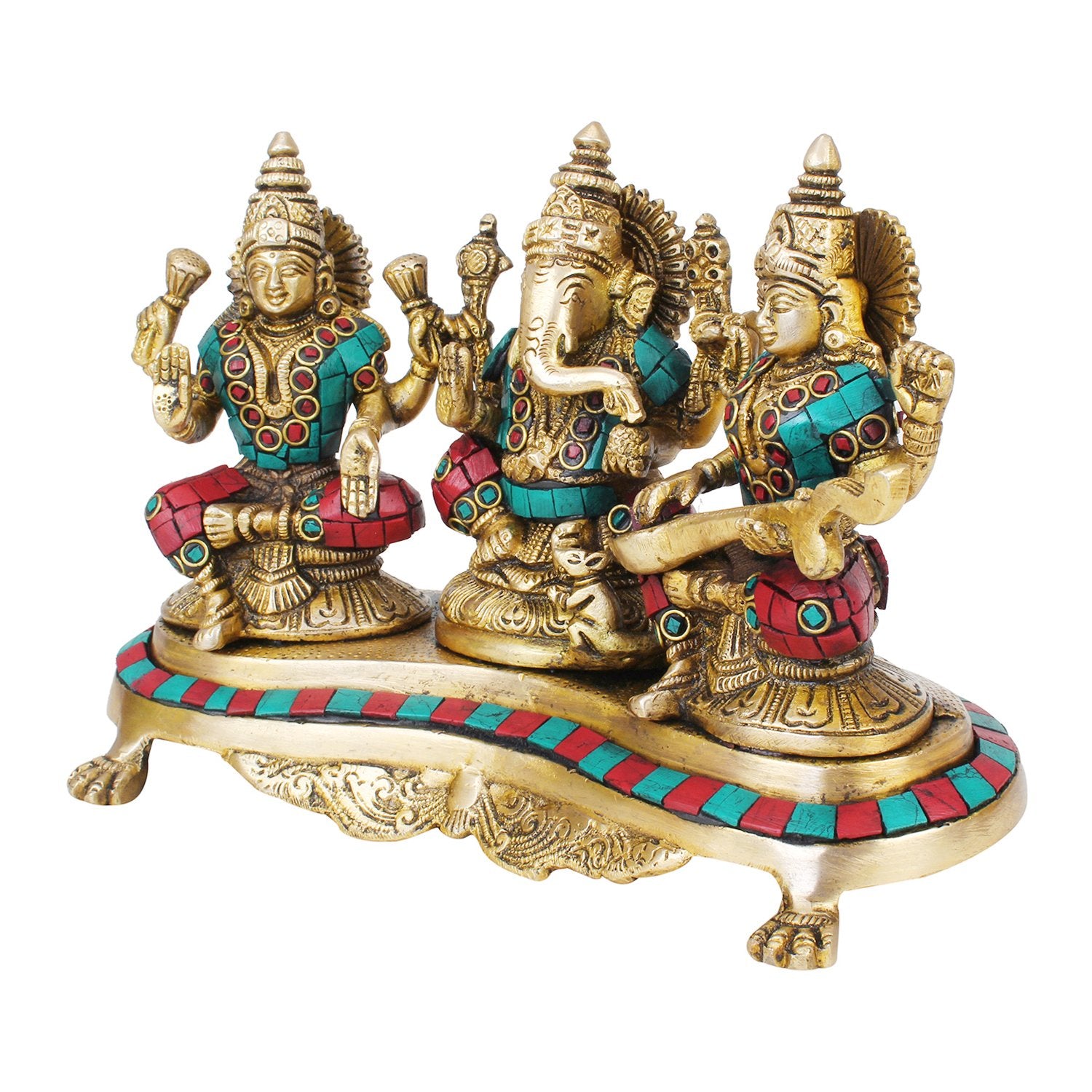 SVARUP Brass Goddess Lakshmi laxmi Ganesha Ganesh and Saraswati Idol for Diwali Pooja Home Decor Multicolor (Height 6 inch Weight 3.30 Kg)